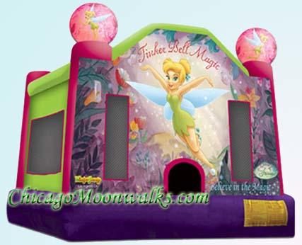 Disney Tinkerbell Fairy Deluxe Jumper Moonwalk Rental. Chicago Party Rental of Kids Jumping Jacks. This Bounce House is a Gorgeous must for Every Little Girls Birthday. This Moon Jump Rental Features Tinkerbell Character in a Light of Pixie Dust.